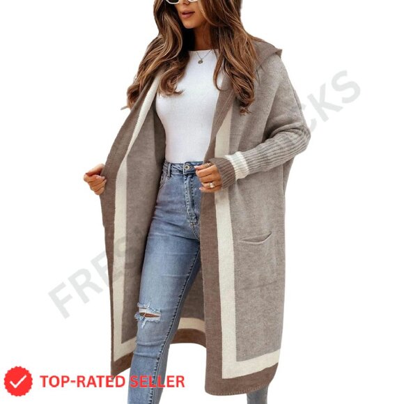 Oversized Hooded Cardigan Sweater Vertical Stripes Open Front Chic